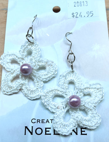 Crochet flower earrings - White with faux pearl centre - Noelene Forbes