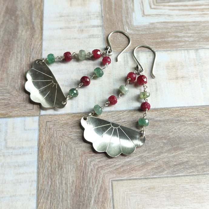 Japanese Iced Tea Spoon Earrings – Emerald & Ruby Beads - Silver Rose Jewellery