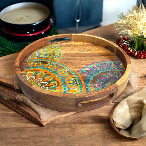 Acacia Serving Tray with Mandala Art - Gone Dotty