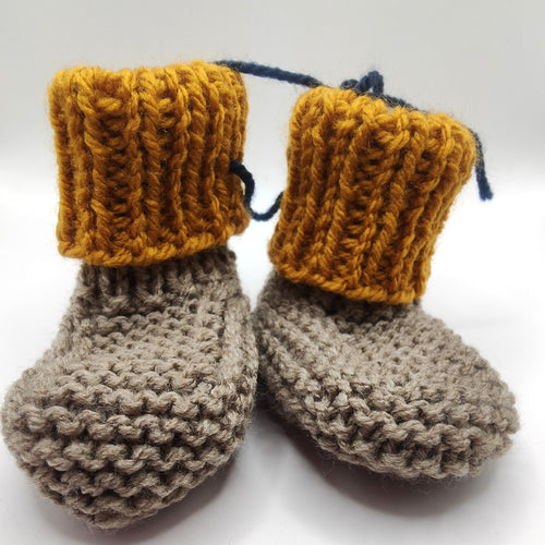 Baby Boots - Hand knitted - Mushroom sock with mustard cuff - Nikki Dellavia