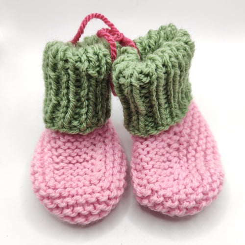 Baby Boots - Hand knitted - Musk pink sock with green cuff - Nikki Dellavia