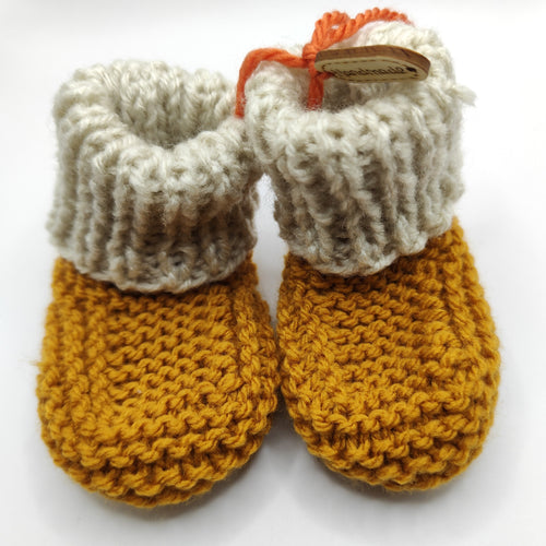 Baby Boots - Hand knitted - Mustard boot with cream cuff - Nikki Dellavia