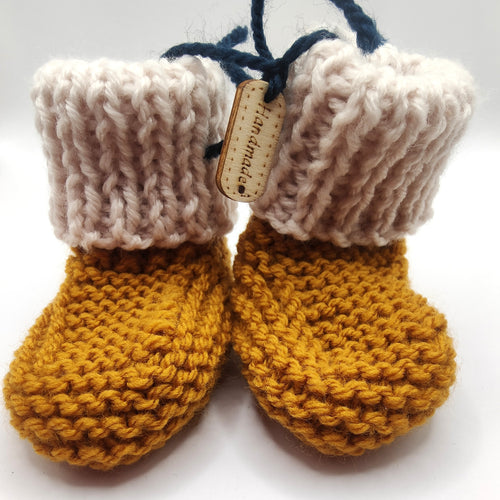Baby Boots - Hand knitted - Mustard sock with cream cuff - Nikki Dellavia