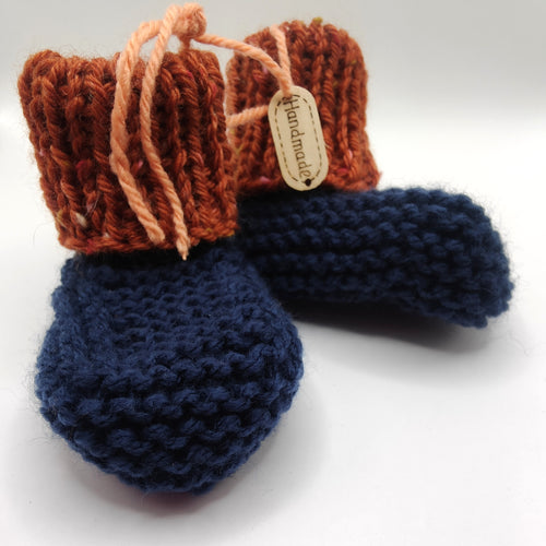 Baby Boots - Hand knitted - Navy sock with burnt orange cuff - Nikki Dellavia