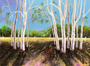 Next generation – candlebark gums,  Norton Summit, SA- Acrylic on canvas- Chris Badenoch