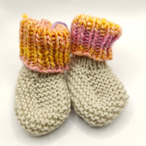 Baby Boots - Hand knitted - Cream sock with pale orange multi cuff - Nikki Dellavia