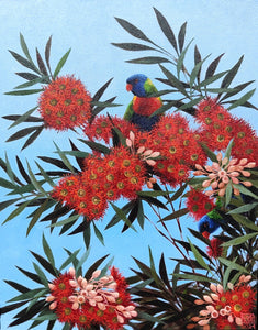 Lorikeets in Flowering Gum - Oils - Lisa Losada