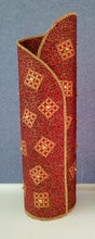 Load image into Gallery viewer, Red and gold handcrafted fabric vase by Pen Morrison with geometric bead embellishments