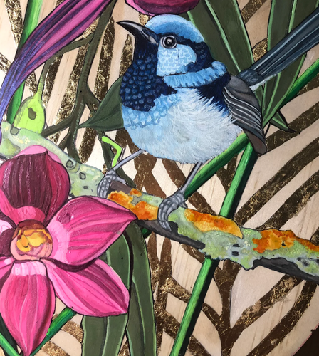 Organic Cotton Tea Towel - Mr Blue with a pink native orchid - Katie Sandison