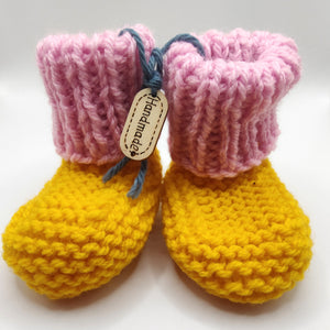 Baby Boots - Hand knitted - Sunshine yellow sock with musk pink cuff - Nikki Dellavia
