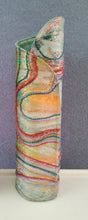 Load image into Gallery viewer, Pastel aqua and peach fabric vase by Pen Morrison with colourful flowing embroidery