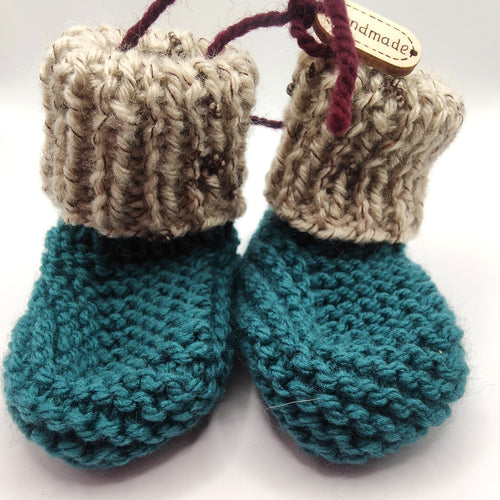 Baby Boots - Hand knitted - Teal sock with grey fleck  cuff - Nikki Dellavia