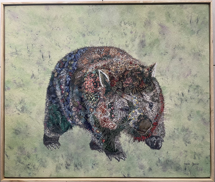 Walter the Wombat - Machine thread painting on fabric and canvas - Neva Jones
