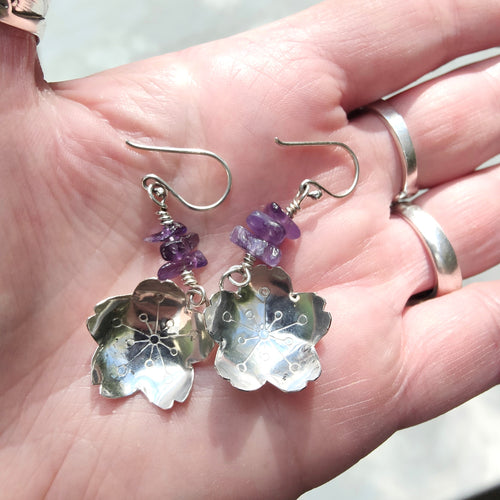 Vintage Sterling Silver Sakura Blossoms Earrings with Genuine Amethyst - Silver Rose Jewellery