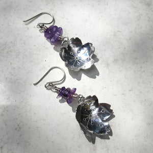 Vintage Sterling Silver Sakura Blossoms Earrings with Genuine Amethyst - Silver Rose Jewellery