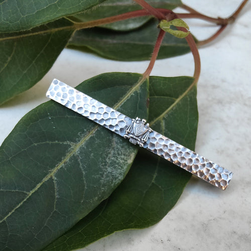 Vintage Sterling Silver Hammered Bar Brooch with Crest
