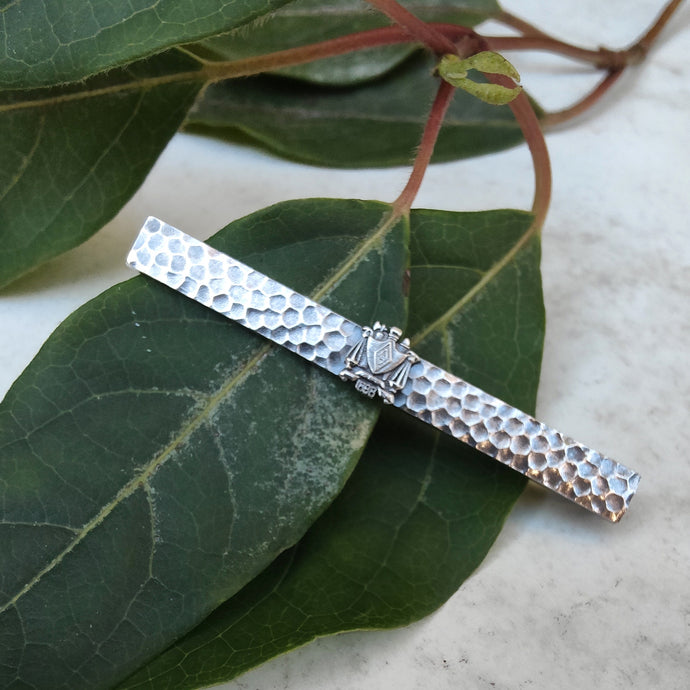Vintage Sterling Silver Hammered Bar Brooch with Crest