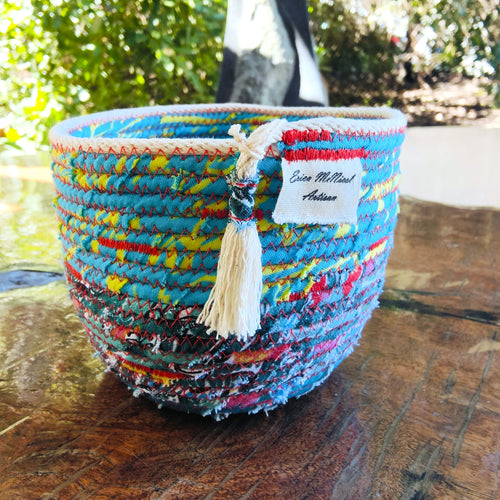 Rope and Fabric Basket - Blue base, red stitching - Erica McNicol
