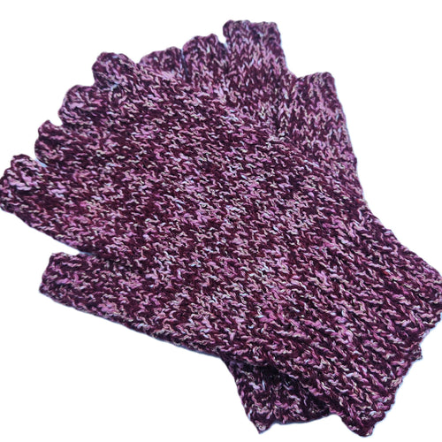 Hand knitted fingerless gloves - Dark pink speckle - Helen Brook