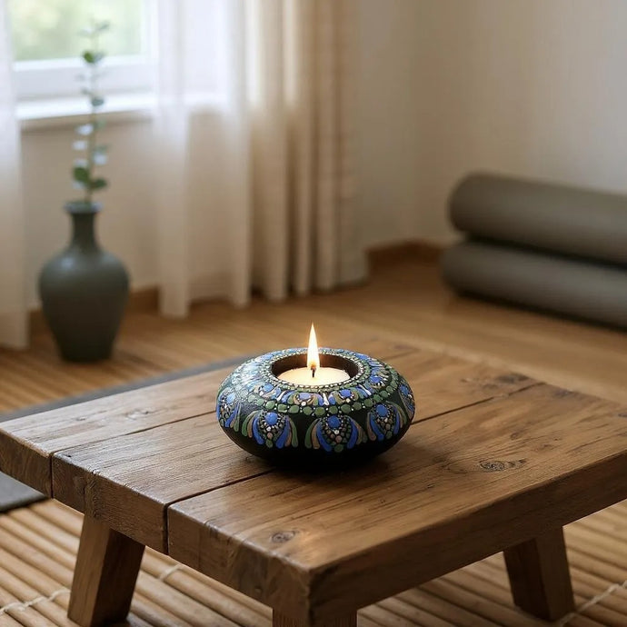 Tea Light Holder - Green, Blue & White - Gone Dotty