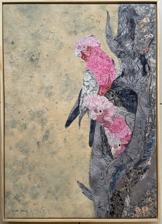 Gaggle of Galahs - Machine thread painting on fabric and canvas - Neva Jones