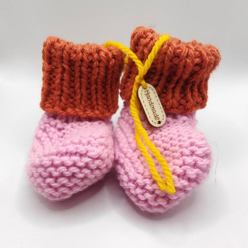 Baby Boots - Hand knitted - Musk pink sock with burnt orange cuff - Nikki Dellavia