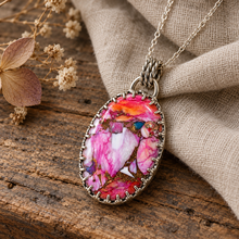 Load image into Gallery viewer, Sterling silver Spiny Oyster Turquoise pendant on aged timber with soft linen styling