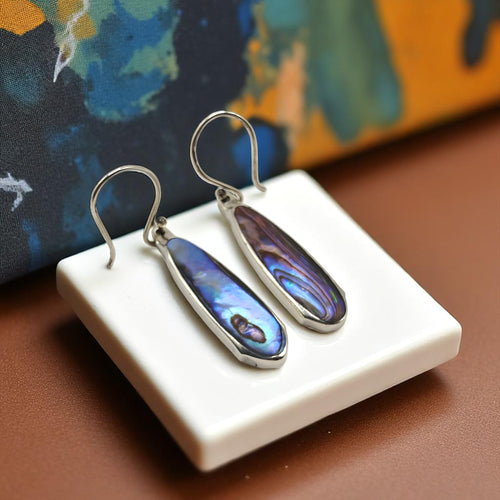 Sterling Silver & Blue Paua Shell Spoon Handle Earrings - Silver Rose Jewellery