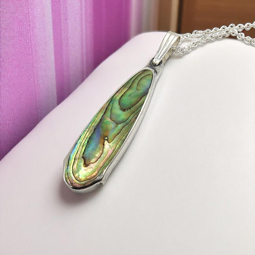 Sterling Silver Necklace with Green Paua Shell Pendant - Silver Rose Jewellery