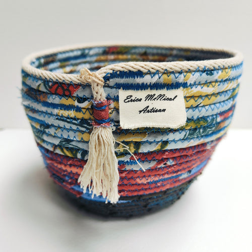 Rope and Fabric Basket - Small - charcoal base with blue stitching - Erica McNicol