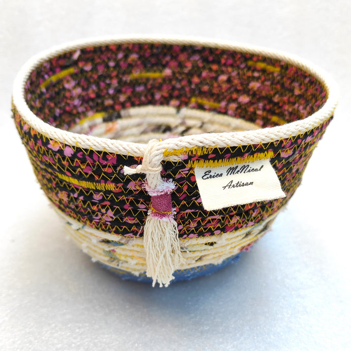 Rope and Fabric Basket - Blue base, yellow stitching - Erica McNicol