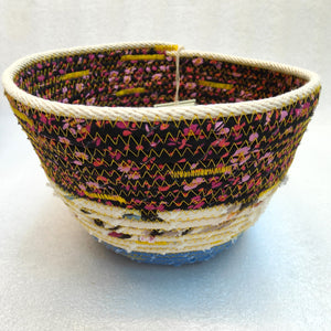 Rope and Fabric Basket - Blue base, yellow stitching - Erica McNicol