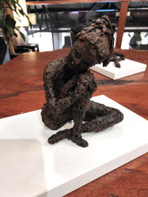 Load image into Gallery viewer, Small mixed media sculpture titled The Thinker, showing a seated figure in a contemplative pose with a textured dark finish.