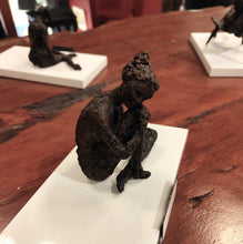 Load image into Gallery viewer, Small mixed media sculpture titled The Thinker, showing a seated figure in a contemplative pose with a textured dark finish.