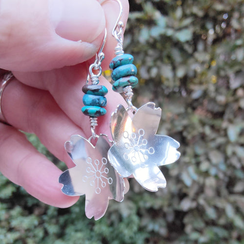 Vintage Sterling Silver Sakura Blossoms Earrings with Genuine turquoise - Silver Rose Jewellery