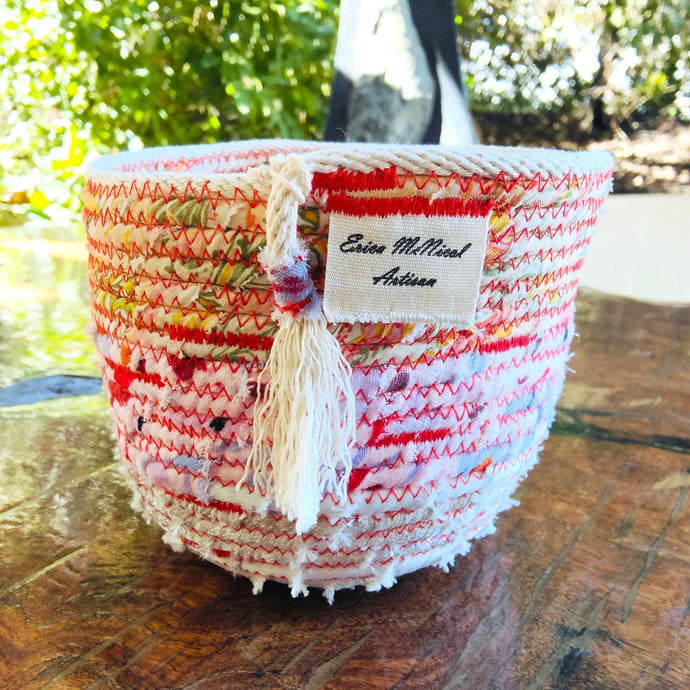 Rope and Fabric Basket - White base, red stitching - Erica McNicol