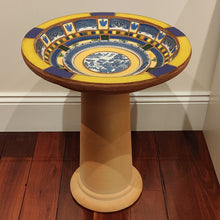 Load image into Gallery viewer, Handcrafted mosaic bird bath by Di made with vintage Willow pattern crockery on a pedestal base.