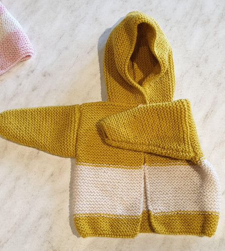 Hand knitted Wharfie Jacket - Primrose  and White -6 - 12 months - Nikki Dellavia