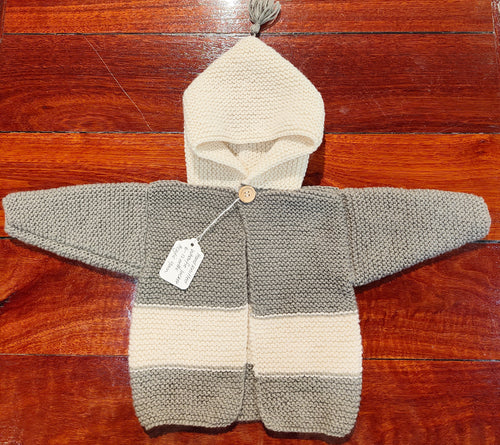 Hand Knitted Wharfie Jacket 6-12 months - Grey with Cream stripe and hood