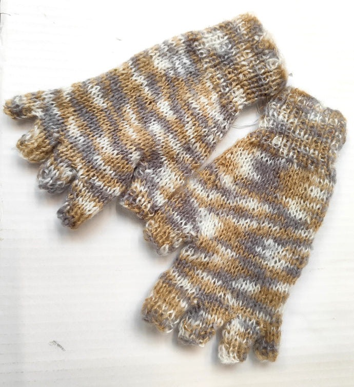 Hand knitted fingerless gloves - Camel, Grey and White - Helen Brook