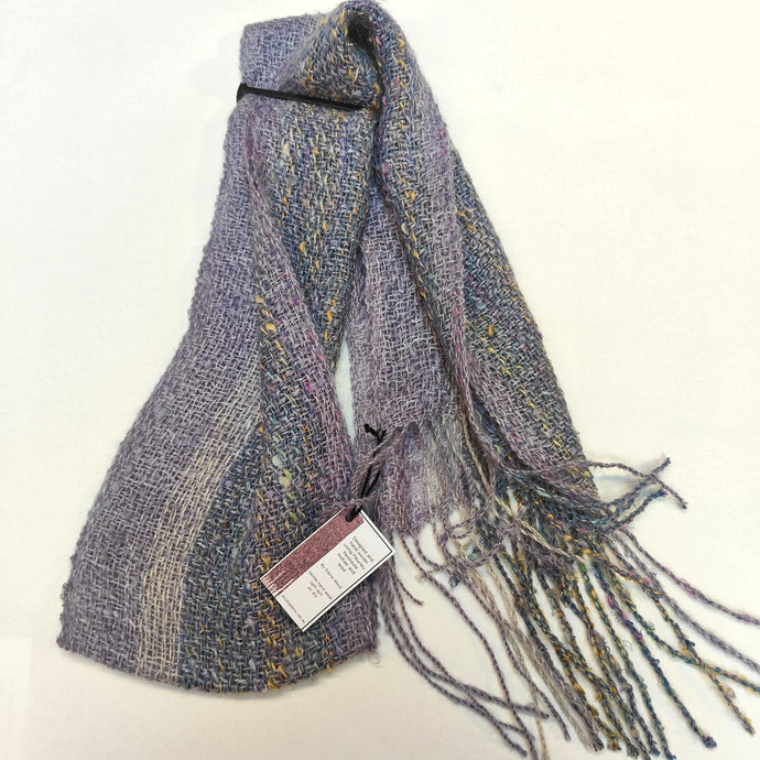 Hand woven and hand spun mohair and wool scarf - pale blue and purple - Elaine Wood