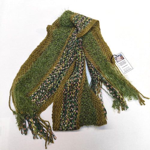 Hand woven and hand spun mohair and wool scarf - Green and Gold - Elaine Wood