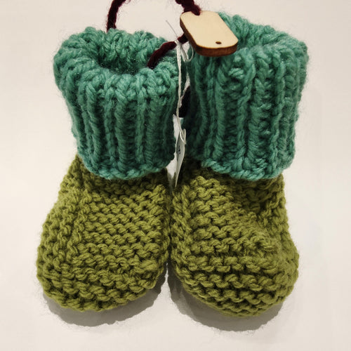 Baby Boots - Hand knitted - Teal cuff - Olive sock