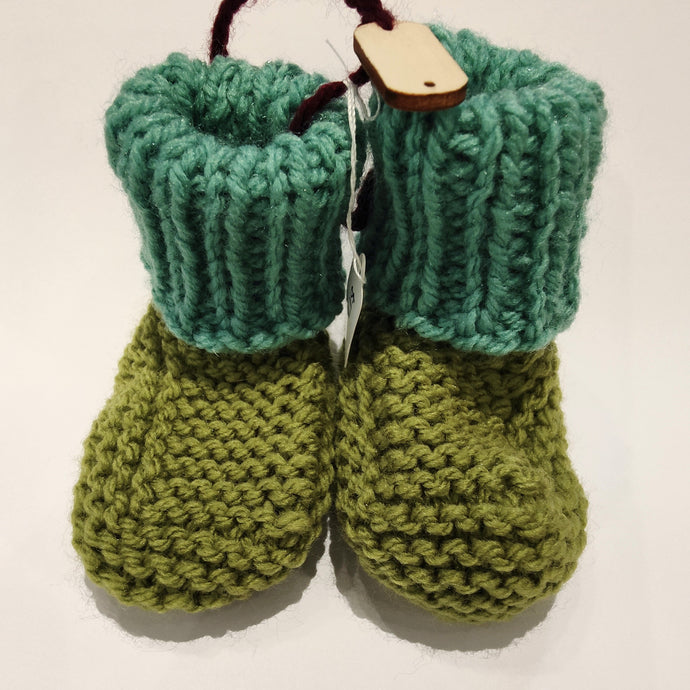 Baby Boots - Hand knitted - Teal cuff - Olive sock