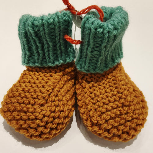 Baby Boots - Hand knitted - Teal cuff - Mustard sock