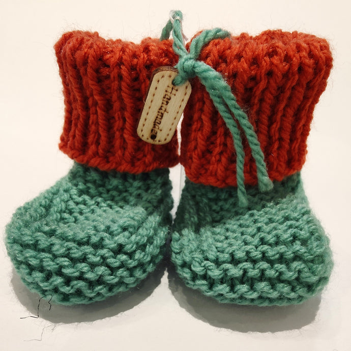 Baby Boots - Hand knitted - Squash orange cuff - Teal sock