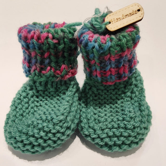 Baby Boots - Hand knitted - Blue & Pink cuff - Teal sock
