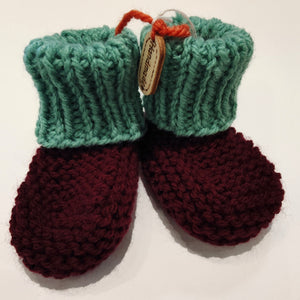Baby Boots - Hand knitted - Teal cuff - Crimson sock