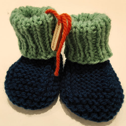 Baby Boots - Hand knitted - Teal cuff - Navy sock