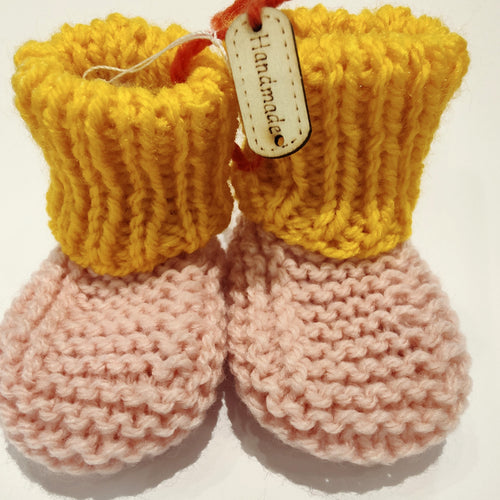 Baby Boots - Hand knitted - Sunshine Yellow cuff - Baby pink sock